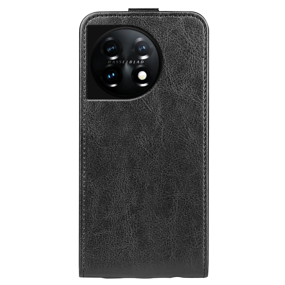 For OnePlus 11 5G Crazy Horse Texture PU Leather Anti-drop Phone Case with Card Slot Dual Magnetic Clasp Vertical Flip Phone Cover - Black