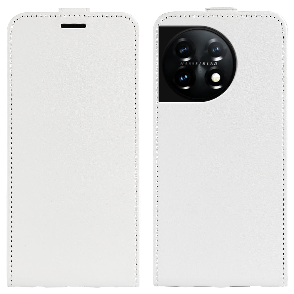 For OnePlus 11 5G Crazy Horse Texture PU Leather Anti-drop Phone Case with Card Slot Dual Magnetic Clasp Vertical Flip Phone Cover - White