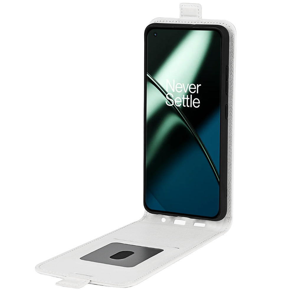 For OnePlus 11 5G Crazy Horse Texture PU Leather Anti-drop Phone Case with Card Slot Dual Magnetic Clasp Vertical Flip Phone Cover - White