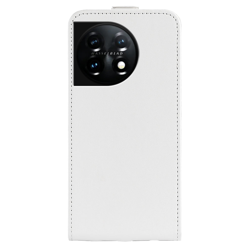 For OnePlus 11 5G Crazy Horse Texture PU Leather Anti-drop Phone Case with Card Slot Dual Magnetic Clasp Vertical Flip Phone Cover - White