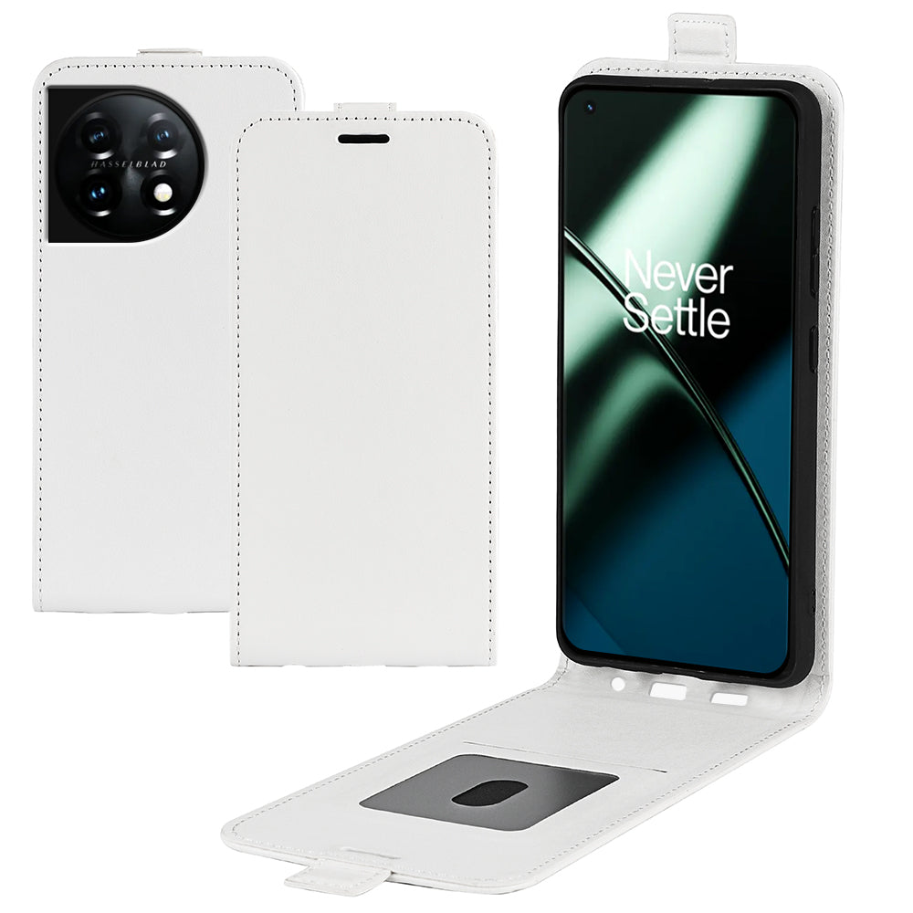 For OnePlus 11 5G Crazy Horse Texture PU Leather Anti-drop Phone Case with Card Slot Dual Magnetic Clasp Vertical Flip Phone Cover - White