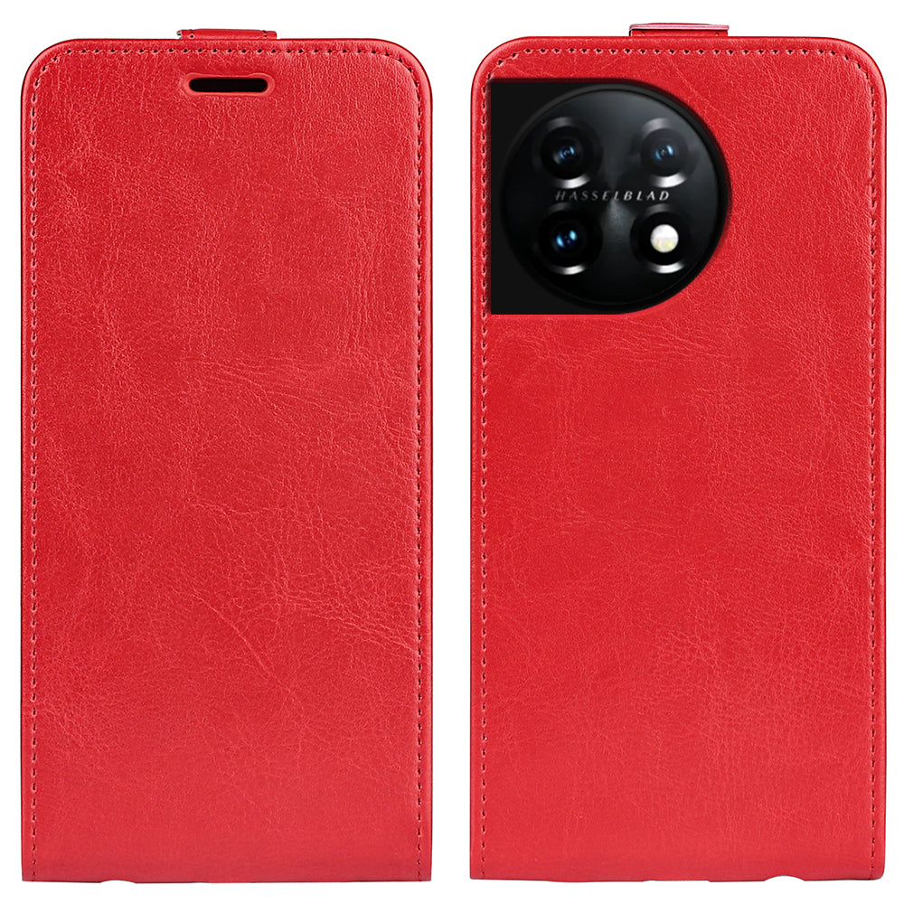 For OnePlus 11 5G Crazy Horse Texture PU Leather Anti-drop Phone Case with Card Slot Dual Magnetic Clasp Vertical Flip Phone Cover - Red