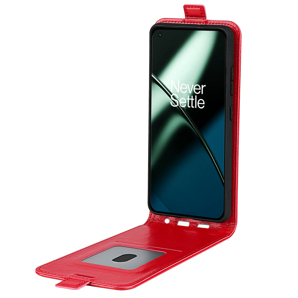 For OnePlus 11 5G Crazy Horse Texture PU Leather Anti-drop Phone Case with Card Slot Dual Magnetic Clasp Vertical Flip Phone Cover - Red