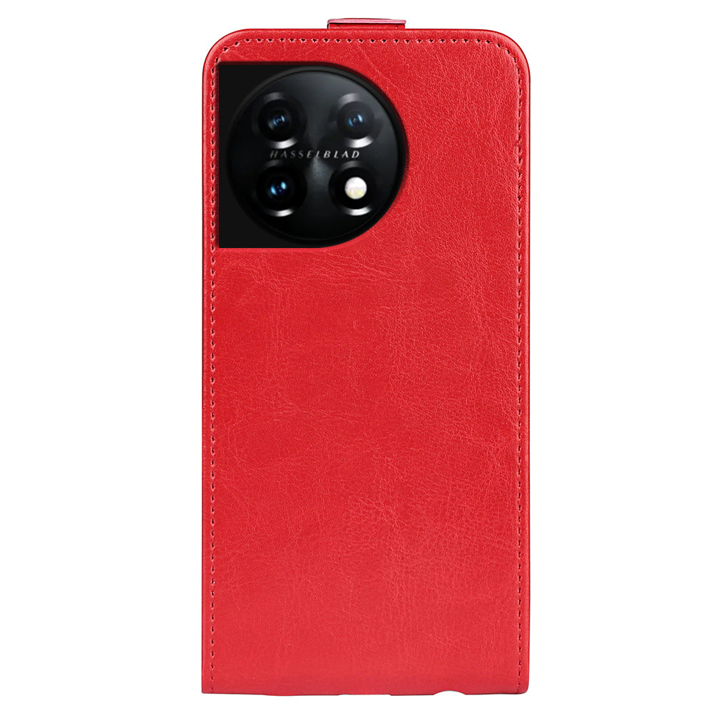 For OnePlus 11 5G Crazy Horse Texture PU Leather Anti-drop Phone Case with Card Slot Dual Magnetic Clasp Vertical Flip Phone Cover - Red