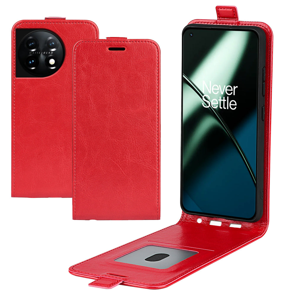 For OnePlus 11 5G Crazy Horse Texture PU Leather Anti-drop Phone Case with Card Slot Dual Magnetic Clasp Vertical Flip Phone Cover - Red