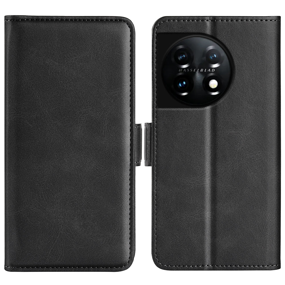 For OnePlus 11 5G Calf Texture PU Leather Phone Case Dual Magnetic Clasp Protective Cover with Stand Wallet - Black