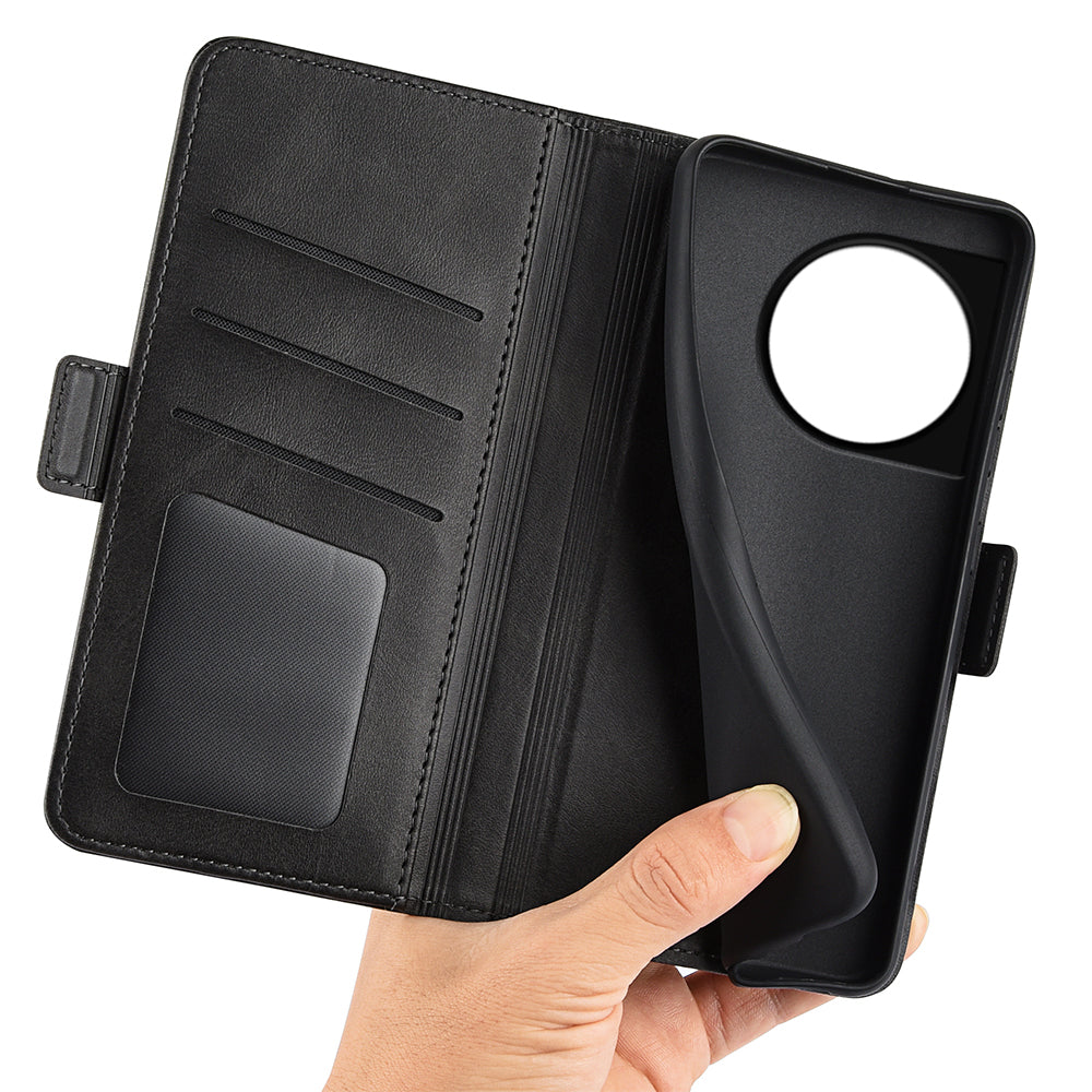 For OnePlus 11 5G Calf Texture PU Leather Phone Case Dual Magnetic Clasp Protective Cover with Stand Wallet - Black