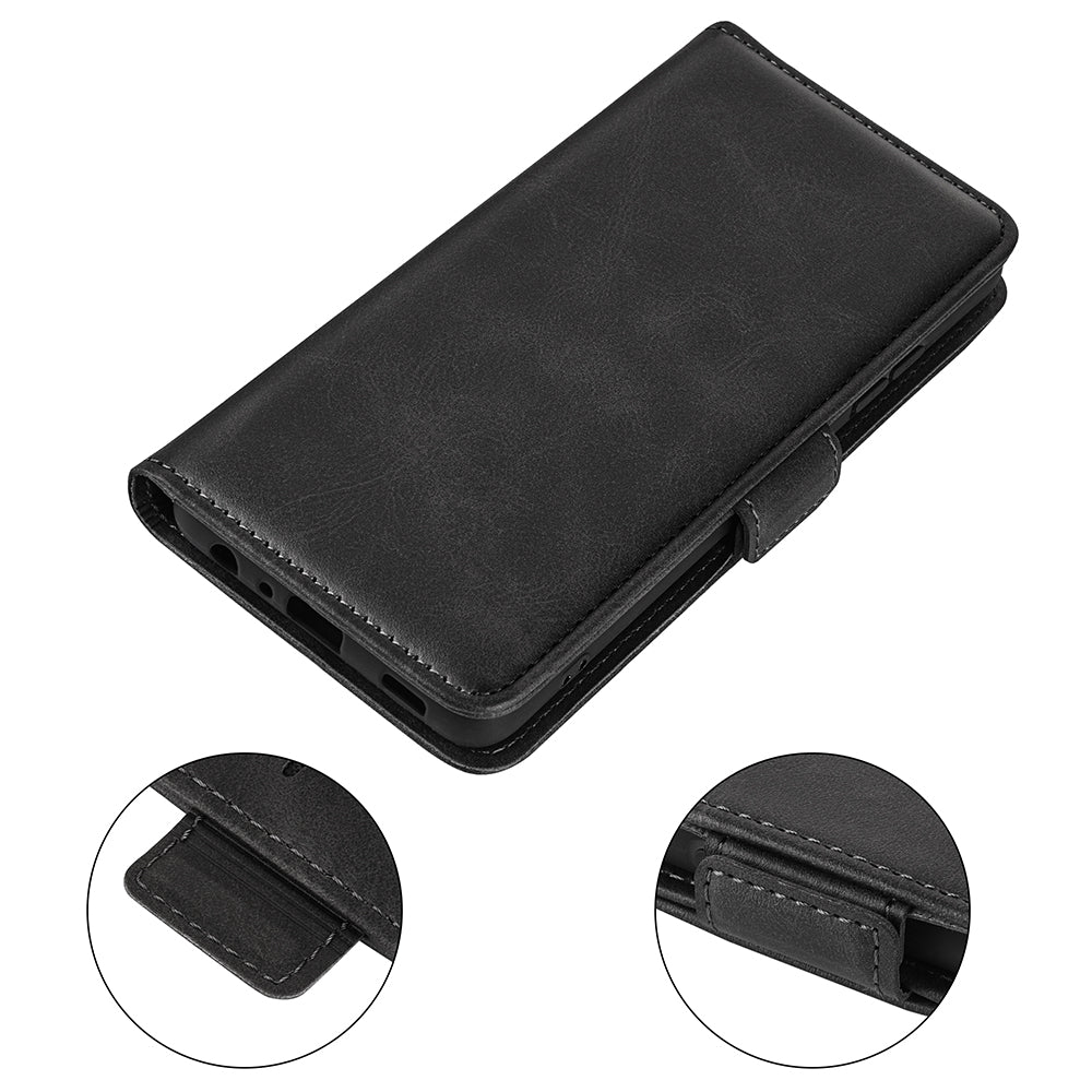 For OnePlus 11 5G Calf Texture PU Leather Phone Case Dual Magnetic Clasp Protective Cover with Stand Wallet - Black