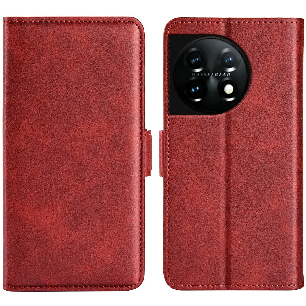 For OnePlus 11 5G Calf Texture PU Leather Phone Case Dual Magnetic Clasp Protective Cover with Stand Wallet - Red