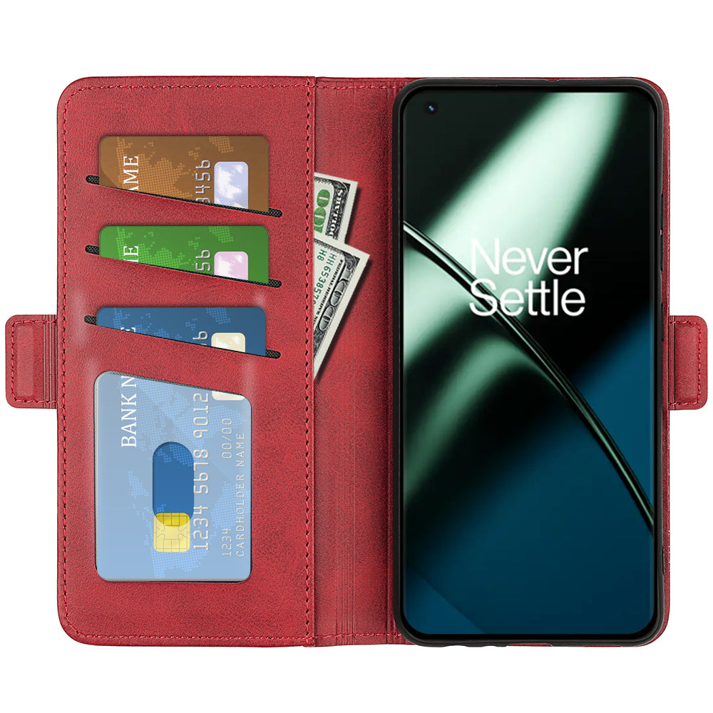 For OnePlus 11 5G Calf Texture PU Leather Phone Case Dual Magnetic Clasp Protective Cover with Stand Wallet - Red