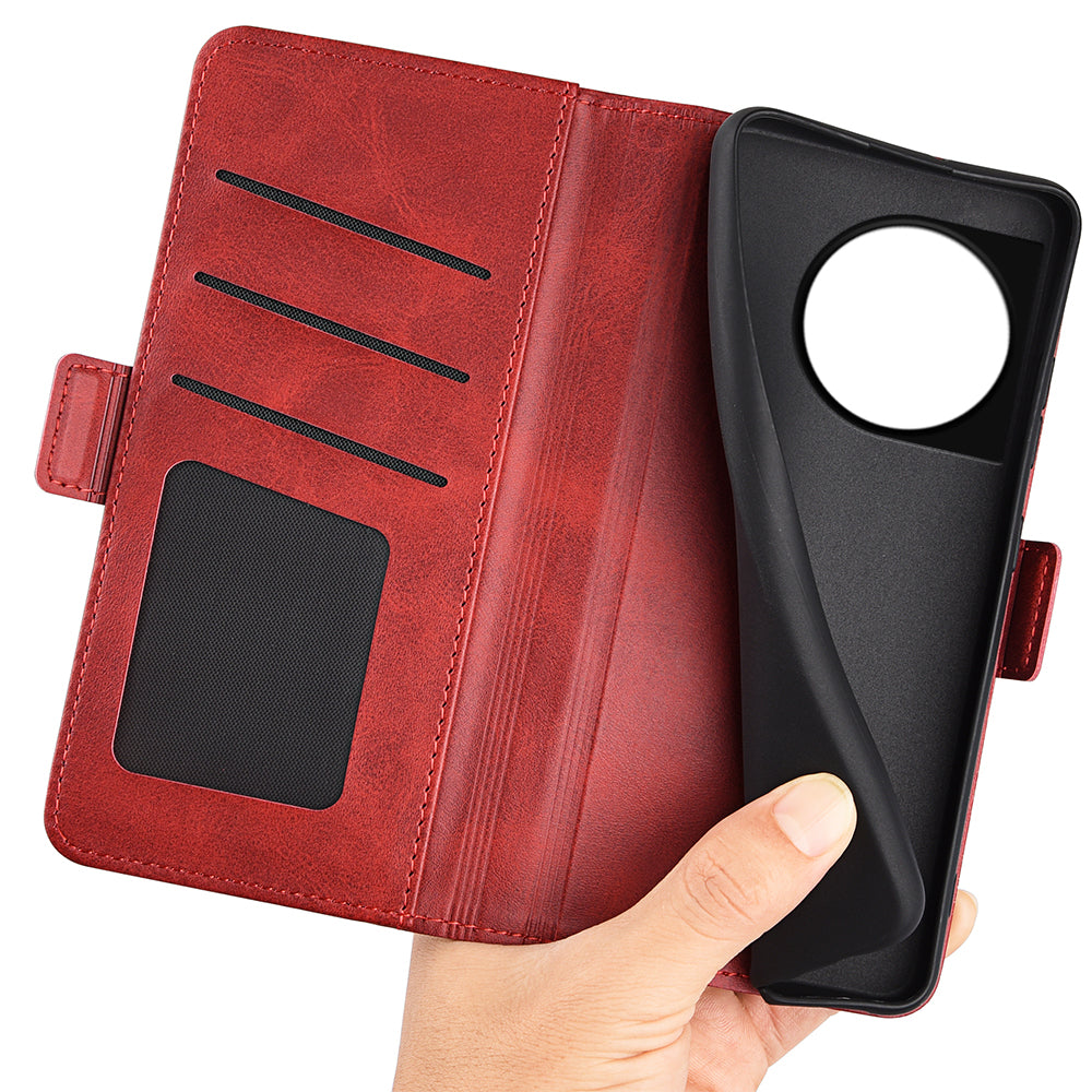 For OnePlus 11 5G Calf Texture PU Leather Phone Case Dual Magnetic Clasp Protective Cover with Stand Wallet - Red