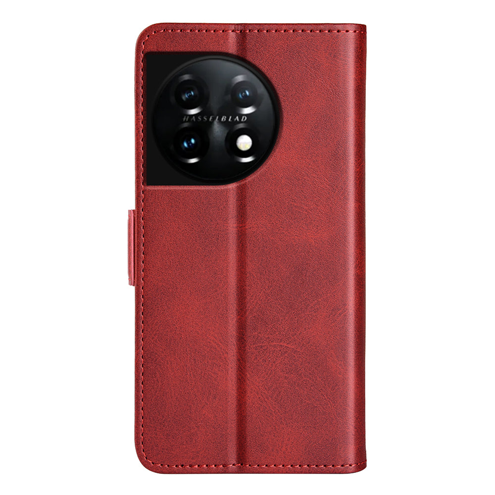 For OnePlus 11 5G Calf Texture PU Leather Phone Case Dual Magnetic Clasp Protective Cover with Stand Wallet - Red