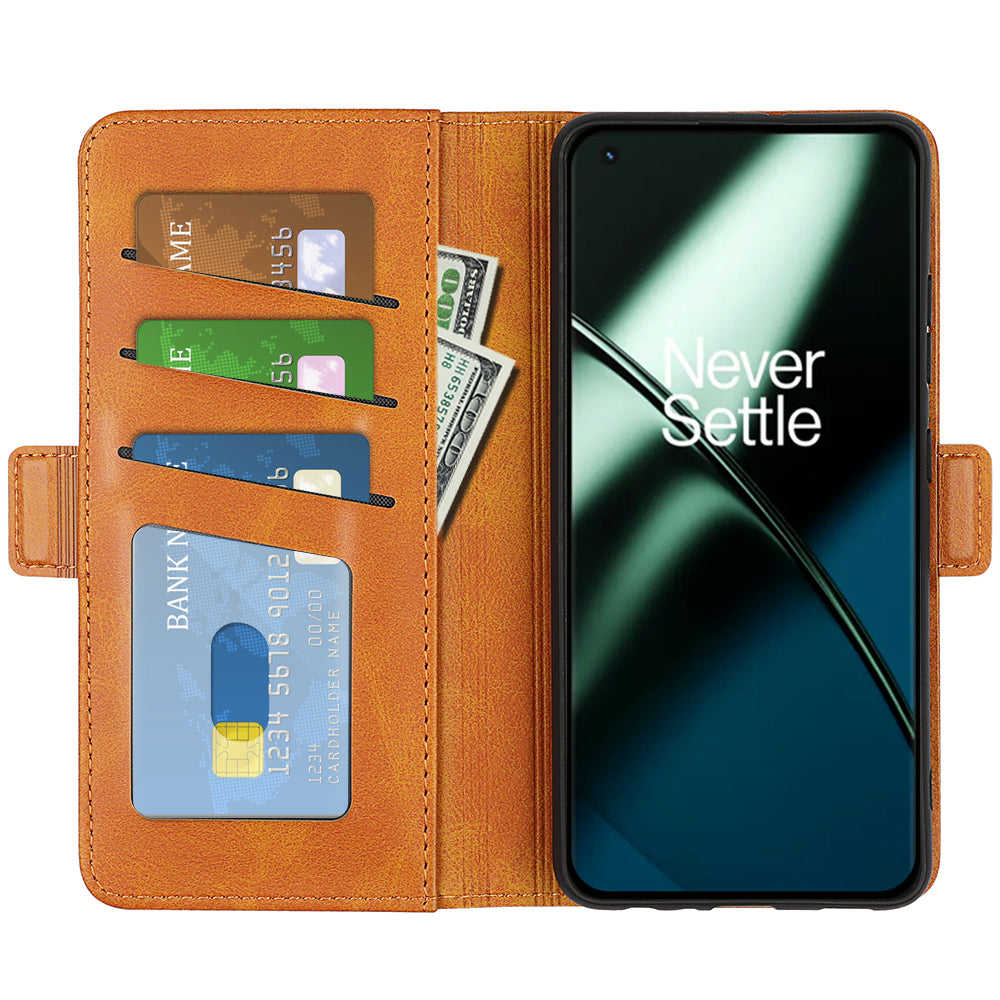 For OnePlus 11 5G Calf Texture PU Leather Phone Case Dual Magnetic Clasp Protective Cover with Stand Wallet - Yellow