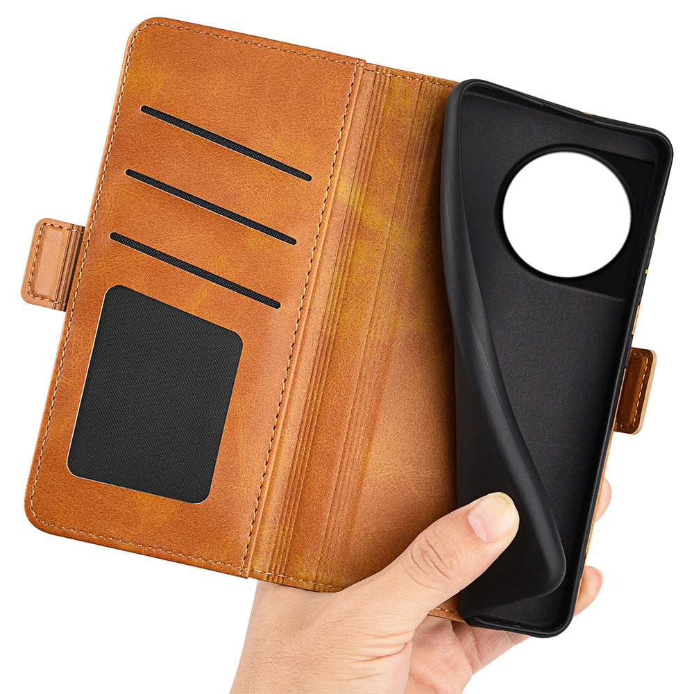 For OnePlus 11 5G Calf Texture PU Leather Phone Case Dual Magnetic Clasp Protective Cover with Stand Wallet - Yellow