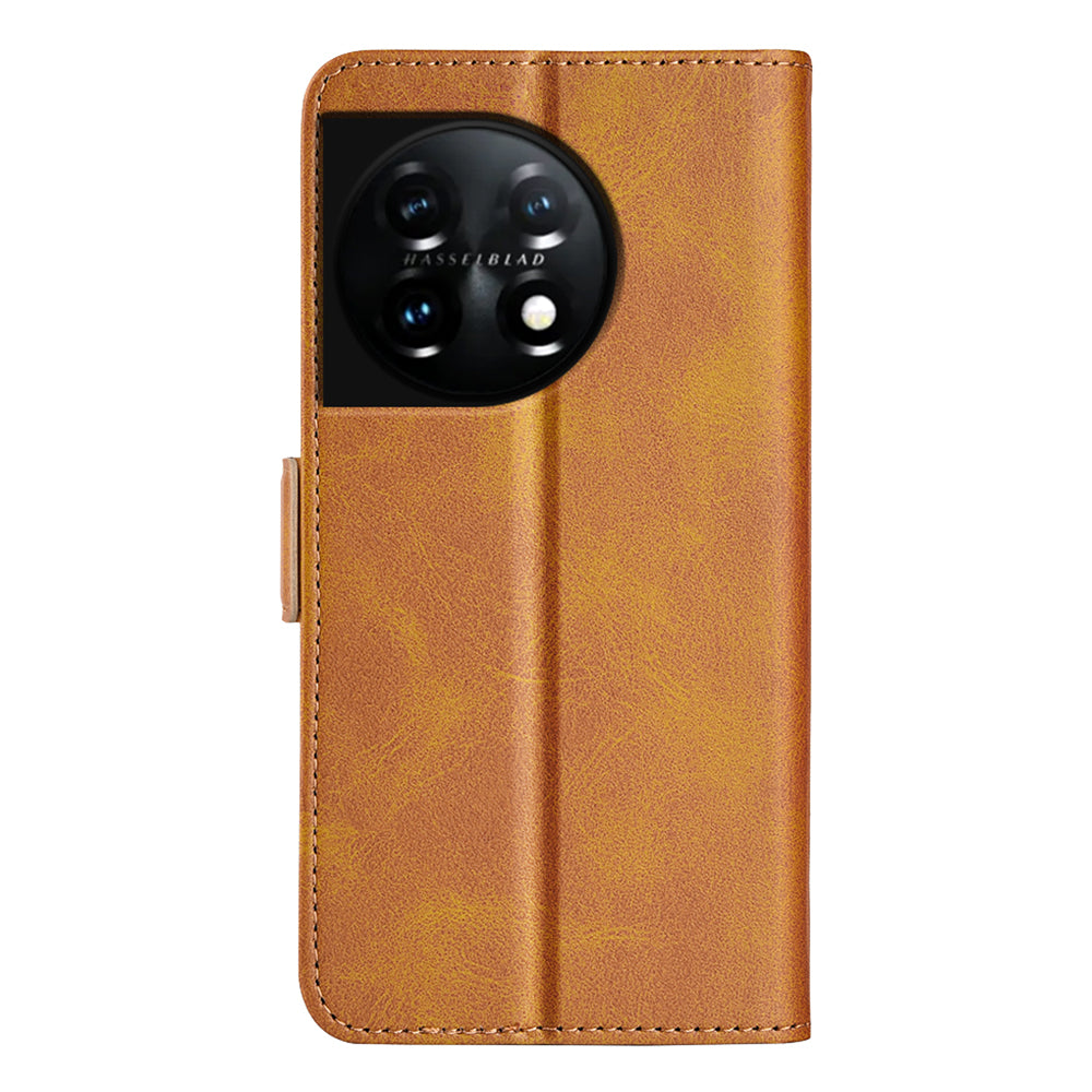 For OnePlus 11 5G Calf Texture PU Leather Phone Case Dual Magnetic Clasp Protective Cover with Stand Wallet - Yellow