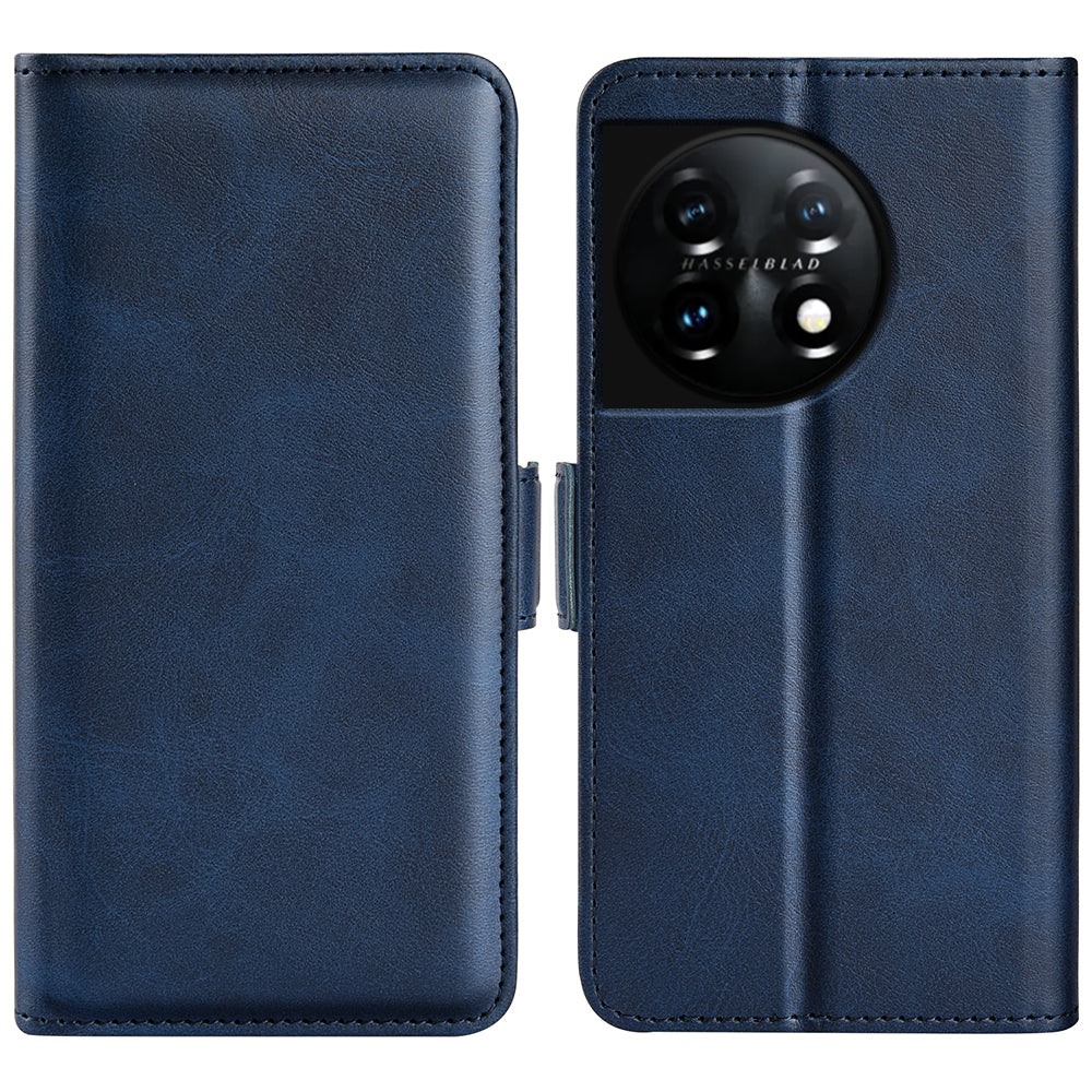 For OnePlus 11 5G Calf Texture PU Leather Phone Case Dual Magnetic Clasp Protective Cover with Stand Wallet - Blue