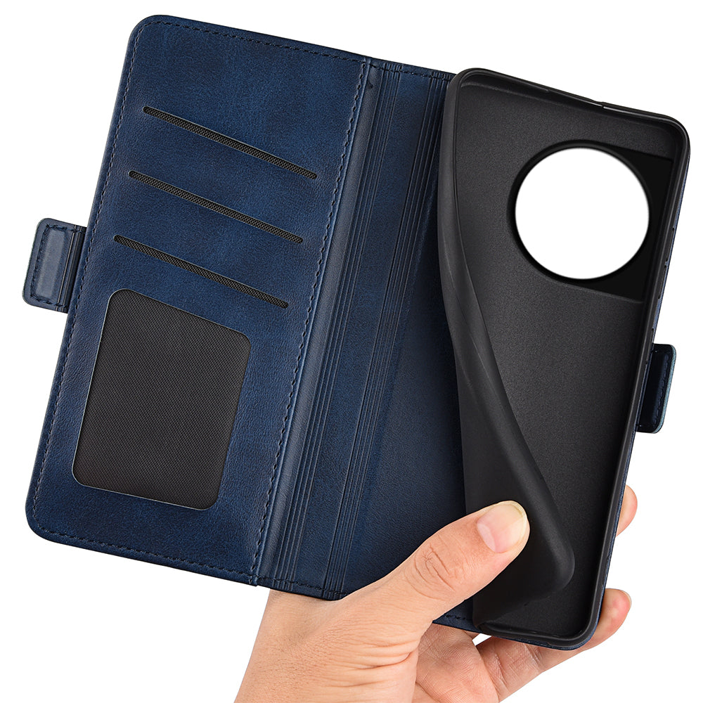For OnePlus 11 5G Calf Texture PU Leather Phone Case Dual Magnetic Clasp Protective Cover with Stand Wallet - Blue