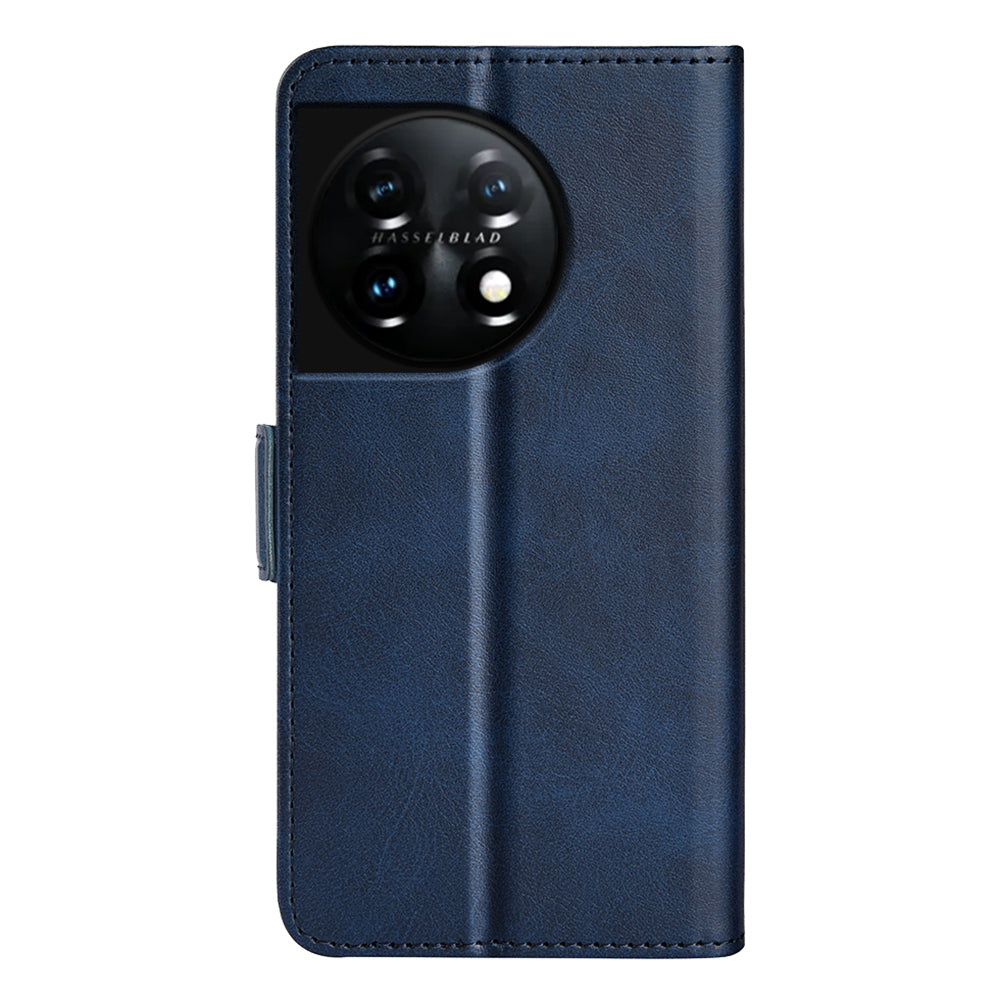 For OnePlus 11 5G Calf Texture PU Leather Phone Case Dual Magnetic Clasp Protective Cover with Stand Wallet - Blue
