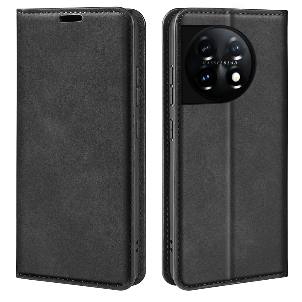 For OnePlus 11 5G Skin-touch Feeling Magnetic Auto-absorbed Wallet Case Fully Wrapped PU Leather Stand Flip Phone Cover - Black