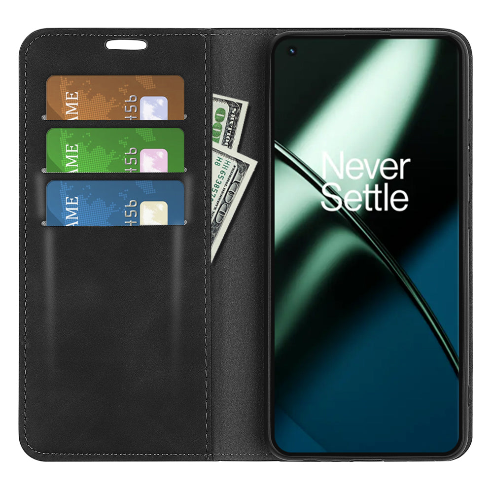 For OnePlus 11 5G Skin-touch Feeling Magnetic Auto-absorbed Wallet Case Fully Wrapped PU Leather Stand Flip Phone Cover - Black