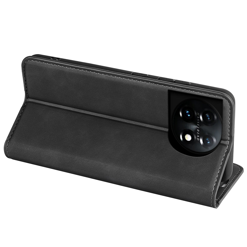 For OnePlus 11 5G Skin-touch Feeling Magnetic Auto-absorbed Wallet Case Fully Wrapped PU Leather Stand Flip Phone Cover - Black