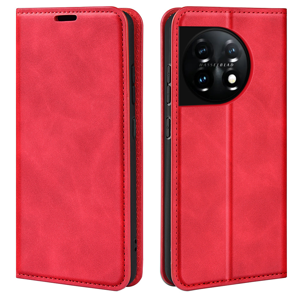 For OnePlus 11 5G Skin-touch Feeling Magnetic Auto-absorbed Wallet Case Fully Wrapped PU Leather Stand Flip Phone Cover - Red
