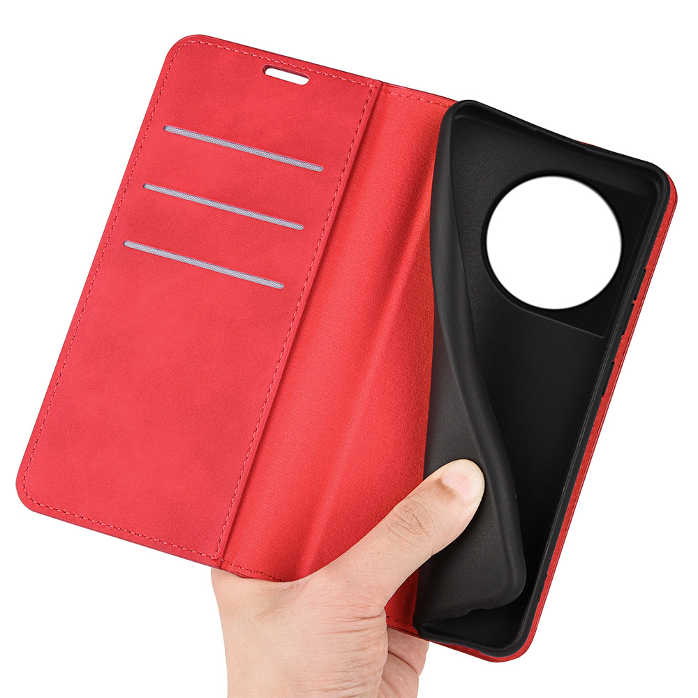 For OnePlus 11 5G Skin-touch Feeling Magnetic Auto-absorbed Wallet Case Fully Wrapped PU Leather Stand Flip Phone Cover - Red