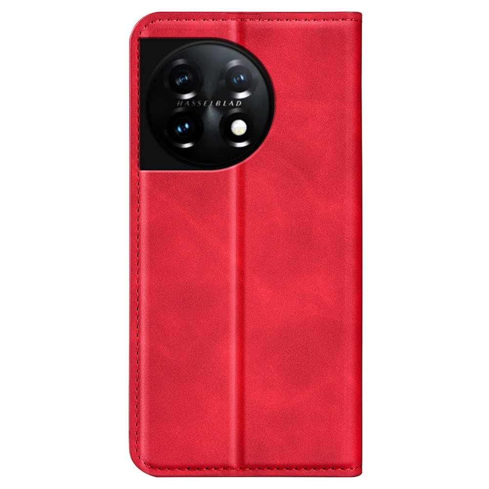 For OnePlus 11 5G Skin-touch Feeling Magnetic Auto-absorbed Wallet Case Fully Wrapped PU Leather Stand Flip Phone Cover - Red