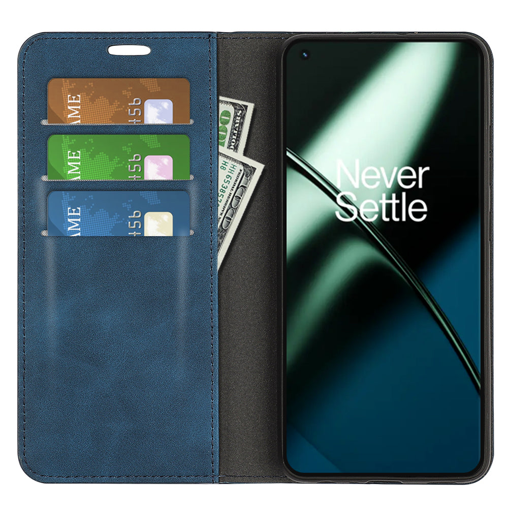 For OnePlus 11 5G Skin-touch Feeling Magnetic Auto-absorbed Wallet Case Fully Wrapped PU Leather Stand Flip Phone Cover - Blue