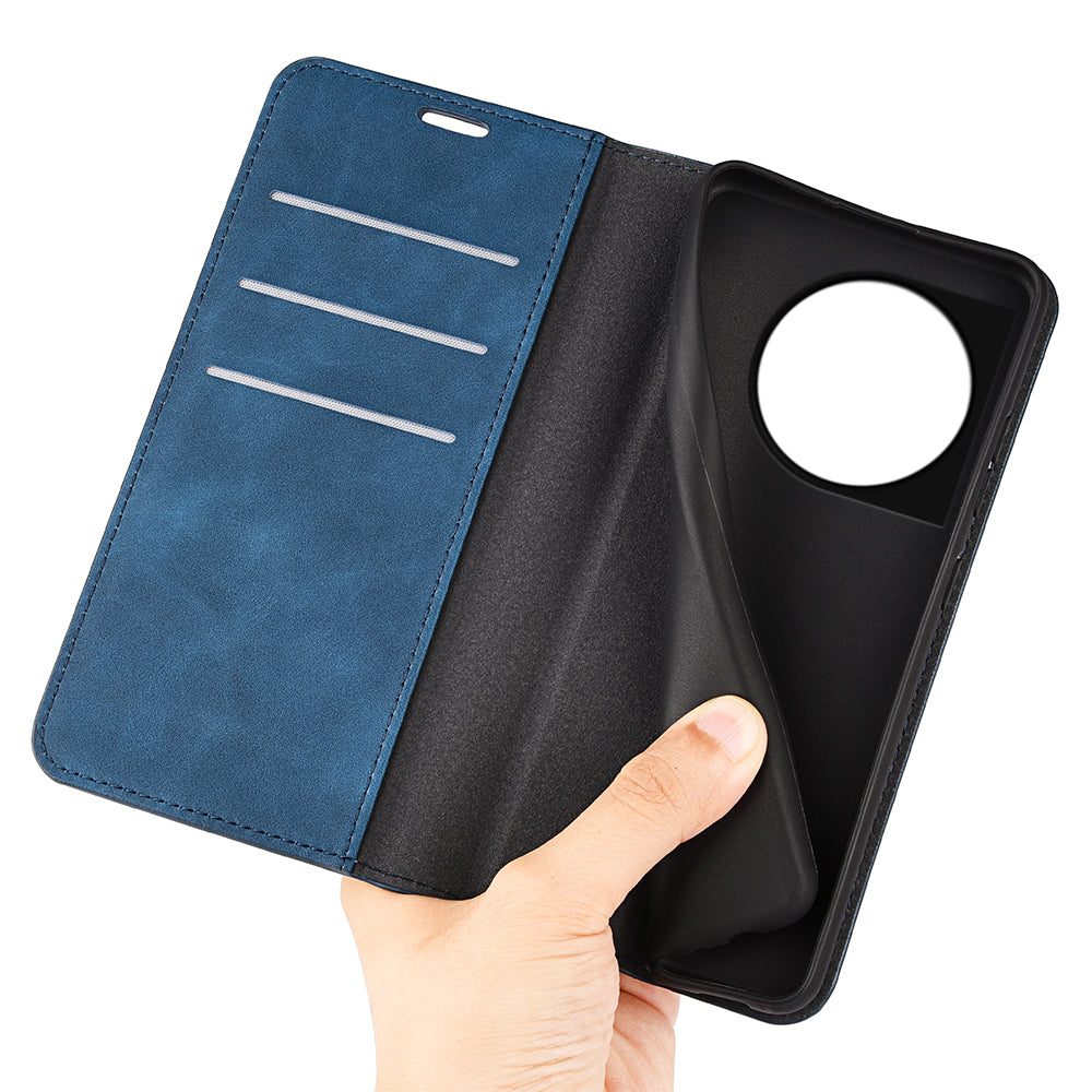 For OnePlus 11 5G Skin-touch Feeling Magnetic Auto-absorbed Wallet Case Fully Wrapped PU Leather Stand Flip Phone Cover - Blue