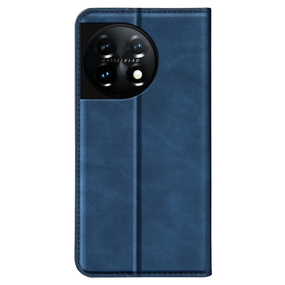 For OnePlus 11 5G Skin-touch Feeling Magnetic Auto-absorbed Wallet Case Fully Wrapped PU Leather Stand Flip Phone Cover - Blue