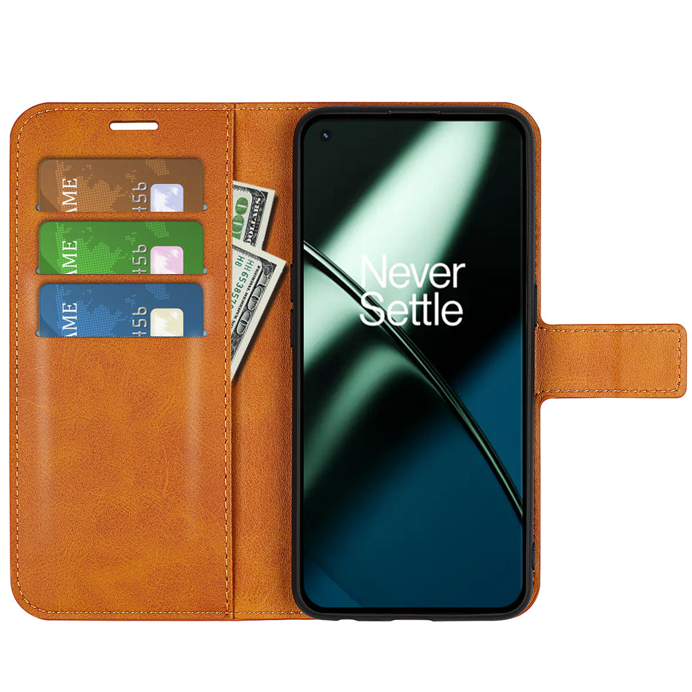 Shockproof Phone Case For OnePlus 11 5G, PU Leather Stand Wallet Calf Texture Square Magnetic Clasp Phone Cover - Yellow
