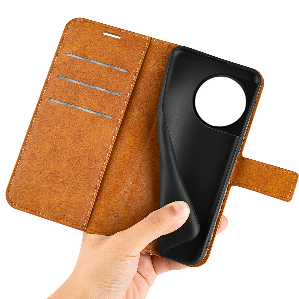 Shockproof Phone Case For OnePlus 11 5G, PU Leather Stand Wallet Calf Texture Square Magnetic Clasp Phone Cover - Yellow