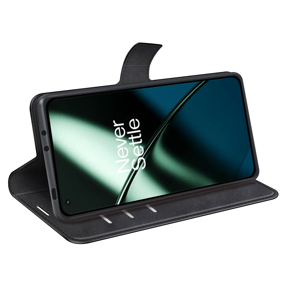Shockproof Phone Case For OnePlus 11 5G, PU Leather Stand Wallet Calf Texture Square Magnetic Clasp Phone Cover - Black