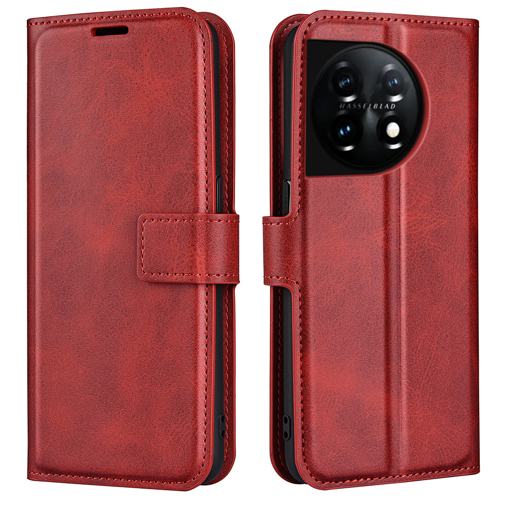 Shockproof Phone Case For OnePlus 11 5G, PU Leather Stand Wallet Calf Texture Square Magnetic Clasp Phone Cover - Red