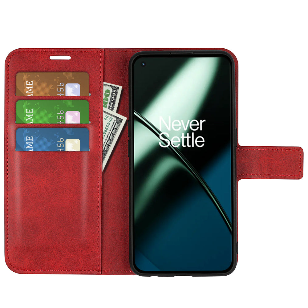 Shockproof Phone Case For OnePlus 11 5G, PU Leather Stand Wallet Calf Texture Square Magnetic Clasp Phone Cover - Red