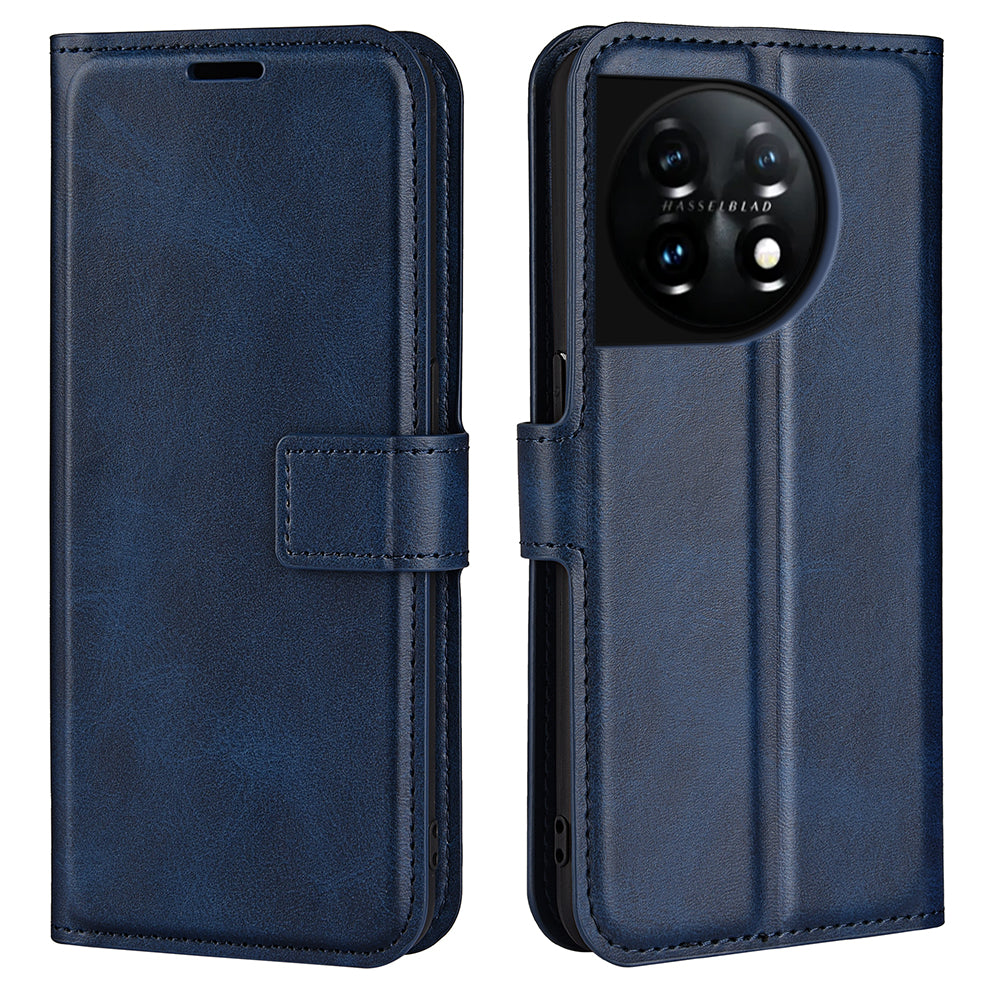 Shockproof Phone Case For OnePlus 11 5G, PU Leather Stand Wallet Calf Texture Square Magnetic Clasp Phone Cover - Blue