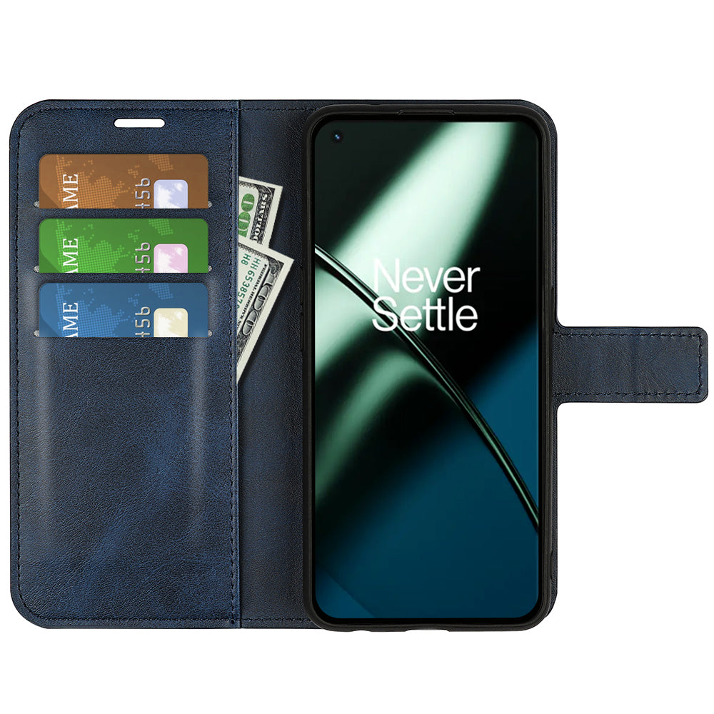 Shockproof Phone Case For OnePlus 11 5G, PU Leather Stand Wallet Calf Texture Square Magnetic Clasp Phone Cover - Blue