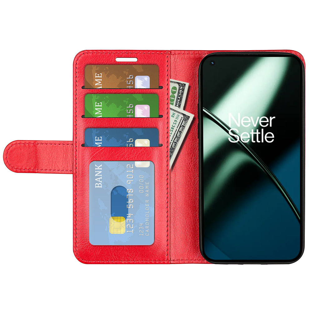 For OnePlus 11 5G Full Protection Crazy Horse Texture PU Leather Magnetic Phone Case Stand Wallet Flip Phone Cover - Red