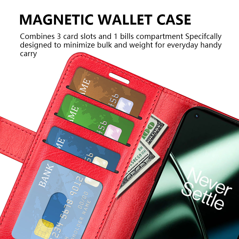 For OnePlus 11 5G Full Protection Crazy Horse Texture PU Leather Magnetic Phone Case Stand Wallet Flip Phone Cover - Red