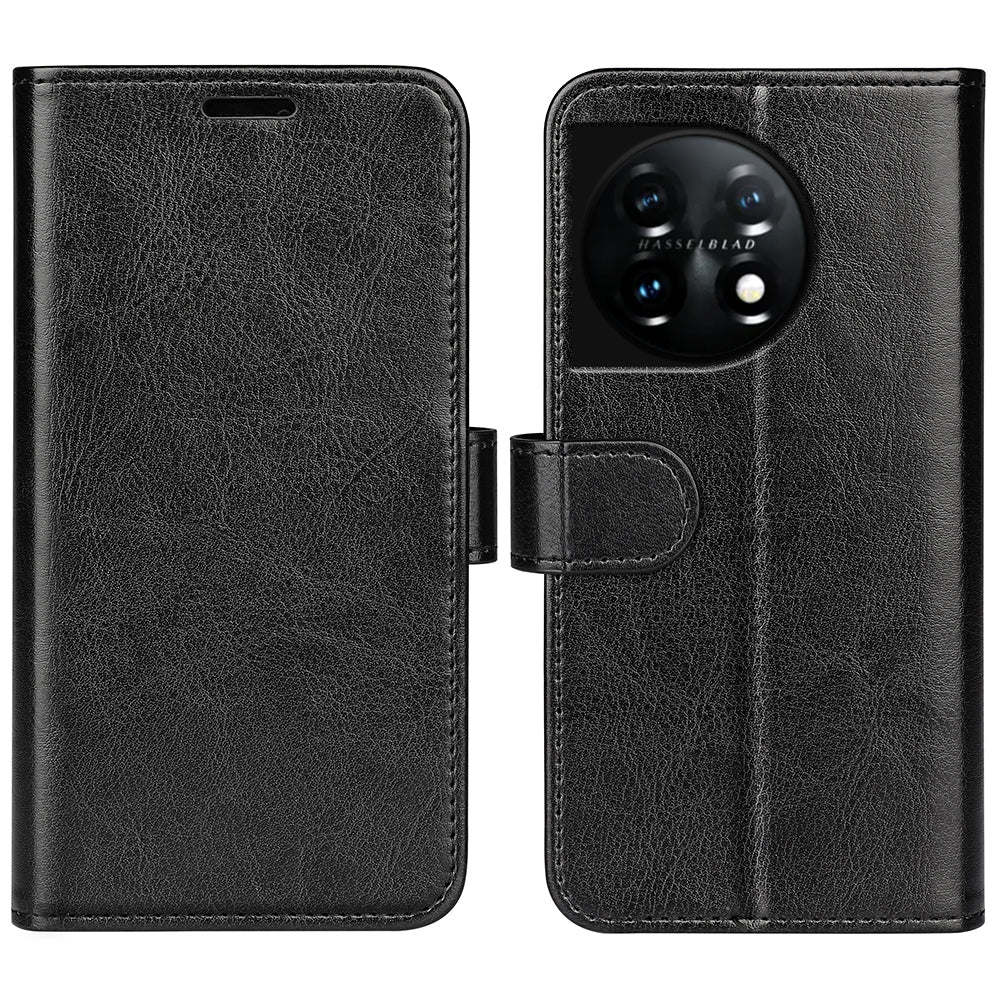 For OnePlus 11 5G Full Protection Crazy Horse Texture PU Leather Magnetic Phone Case Stand Wallet Flip Phone Cover - Black