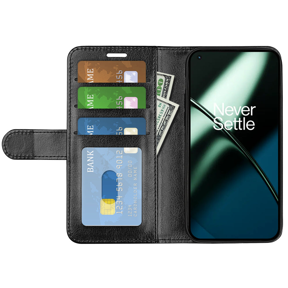 For OnePlus 11 5G Full Protection Crazy Horse Texture PU Leather Magnetic Phone Case Stand Wallet Flip Phone Cover - Black
