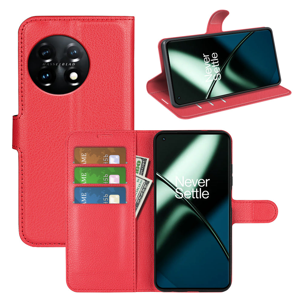Phone Stand Wallet Cover for OnePlus 11 5G, Litchi Texture Book Style PU Leather Phone Flip Case - Red