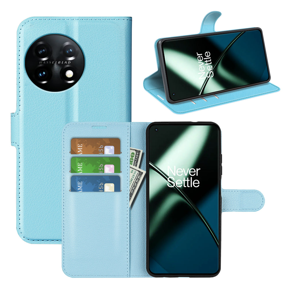 Phone Stand Wallet Cover for OnePlus 11 5G, Litchi Texture Book Style PU Leather Phone Flip Case - Blue