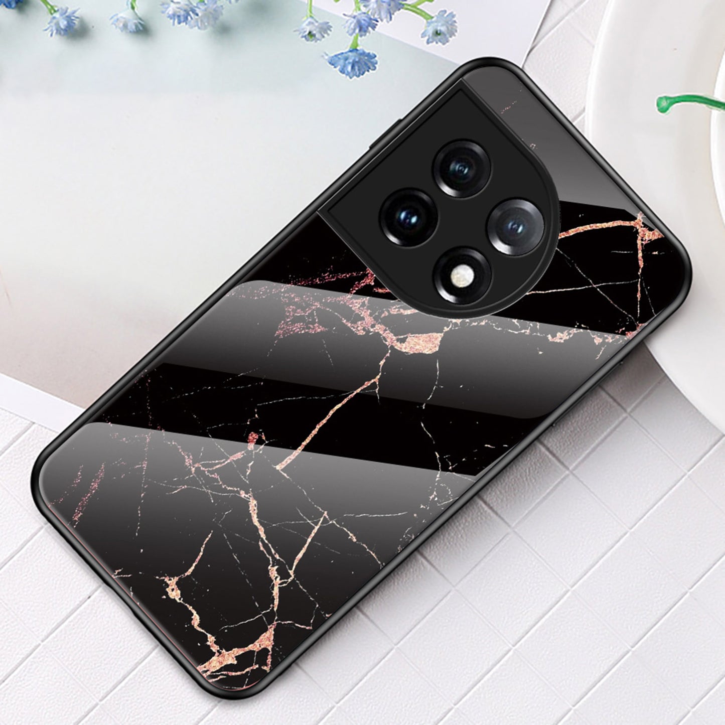 Tempered Glass + PC + TPU Phone Case for OnePlus 11 5G, Marble Pattern Printing Drop-proof Smartphone Cover - Gold Black Marble