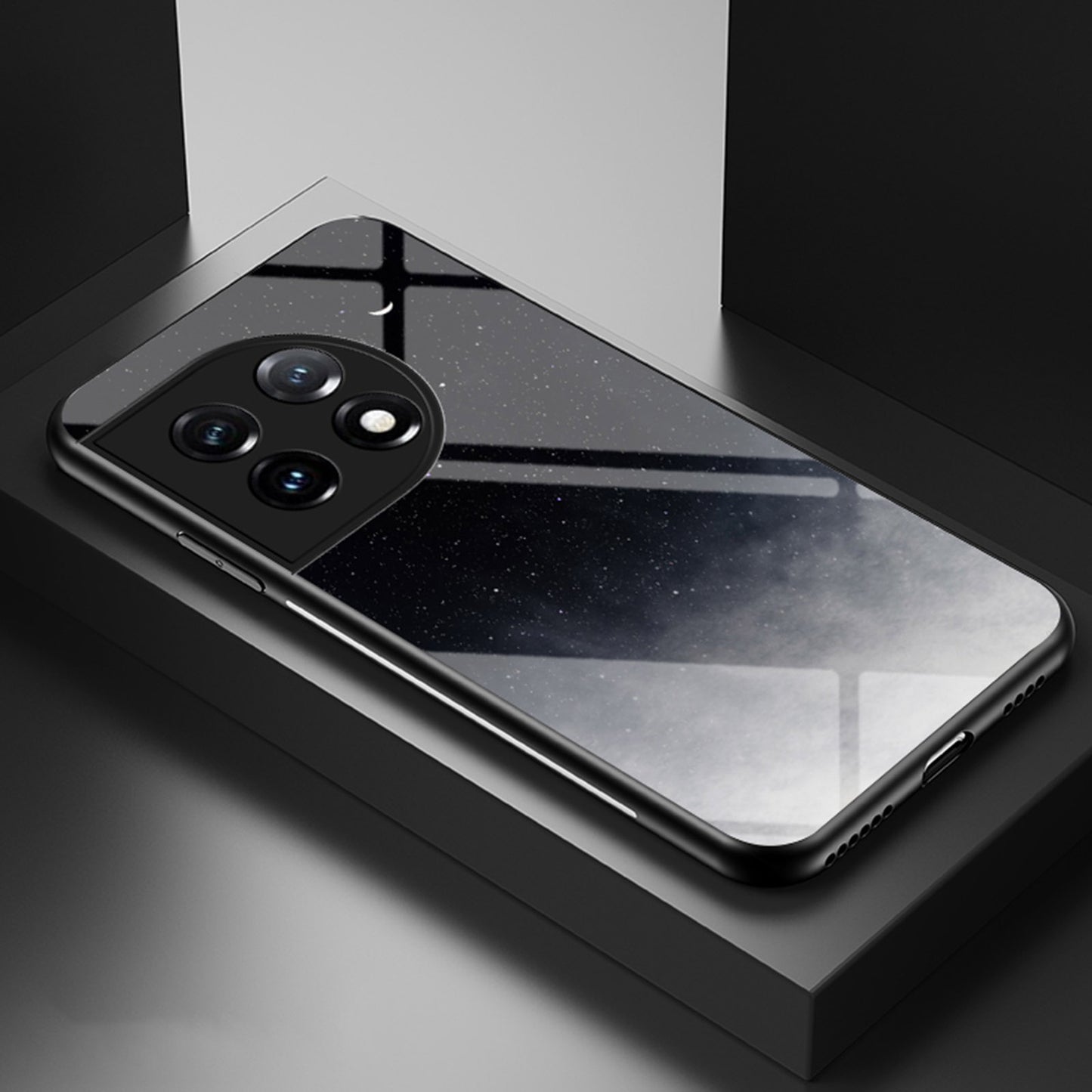 Cell Phone Case for OnePlus 11 5G, Tempered Glass+PC+TPU Starry Sky Pattern Printing Protective Cover - Starry Crescent Moon