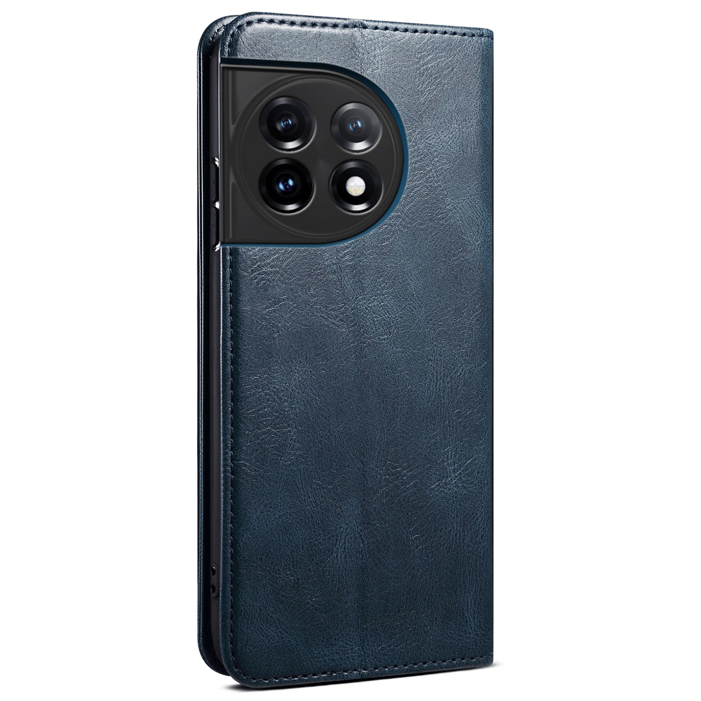 Phone Stand Case for OnePlus 11 5G, PU Leather Waxy Crazy Horse Texture Stand Smartphone Cover - Blue