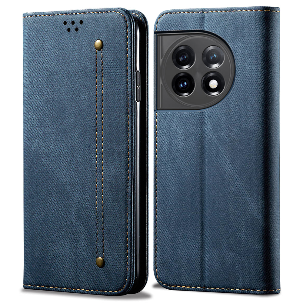 PU Leather Phone Stand Case for OnePlus 11 5G, Jeans Cloth Texture Cell Phone Wallet Cover - Blue