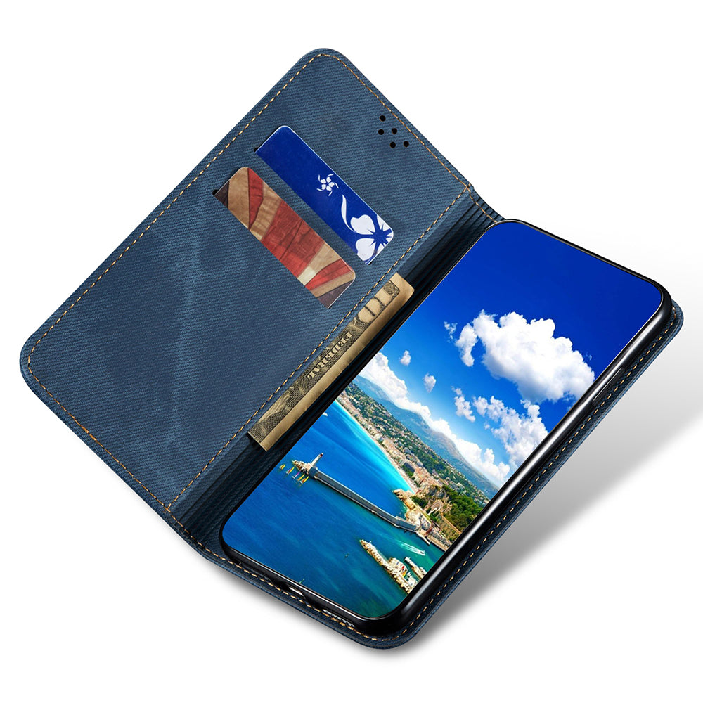 PU Leather Phone Stand Case for OnePlus 11 5G, Jeans Cloth Texture Cell Phone Wallet Cover - Blue