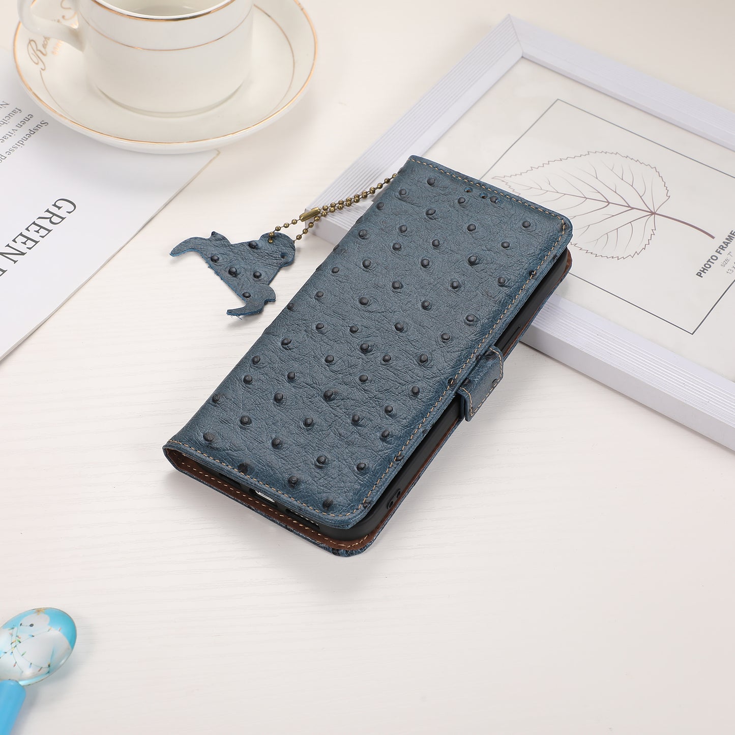 RFID Blocking Phone Cover For OnePlus 11 5G, Ostrich Pattern Leather Shockproof Phone Case with Stand Wallet - Blue